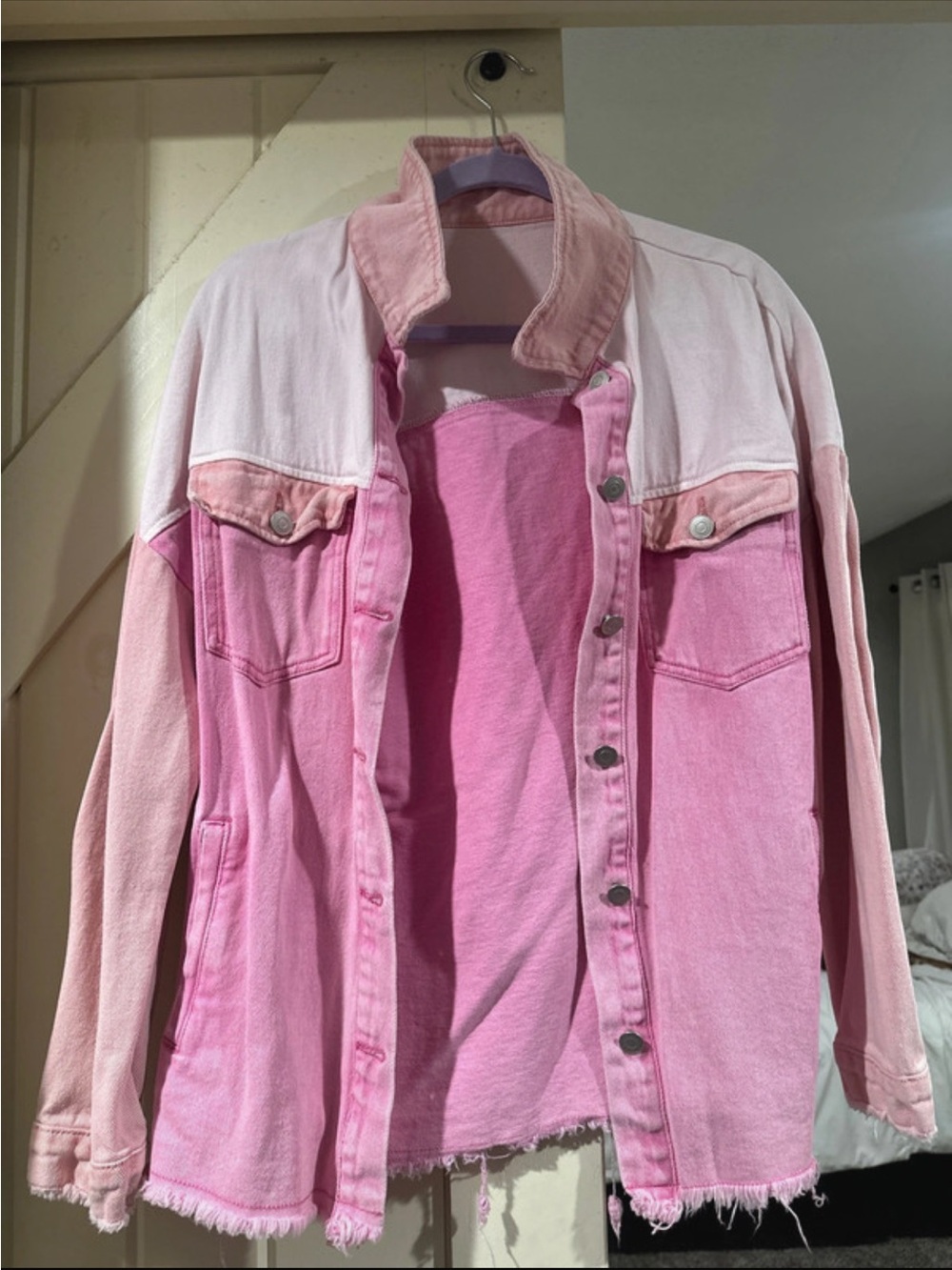 Women's Two-Tone Pink Denim Jacket - Casual Pink Jean Jacket